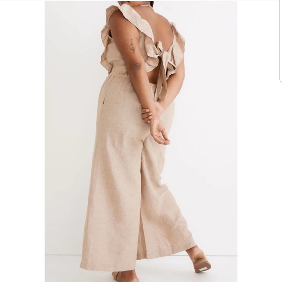 Madewell Pants - Madewell Khaki Linen Ruffle Tie Back Jumpsuit 16
